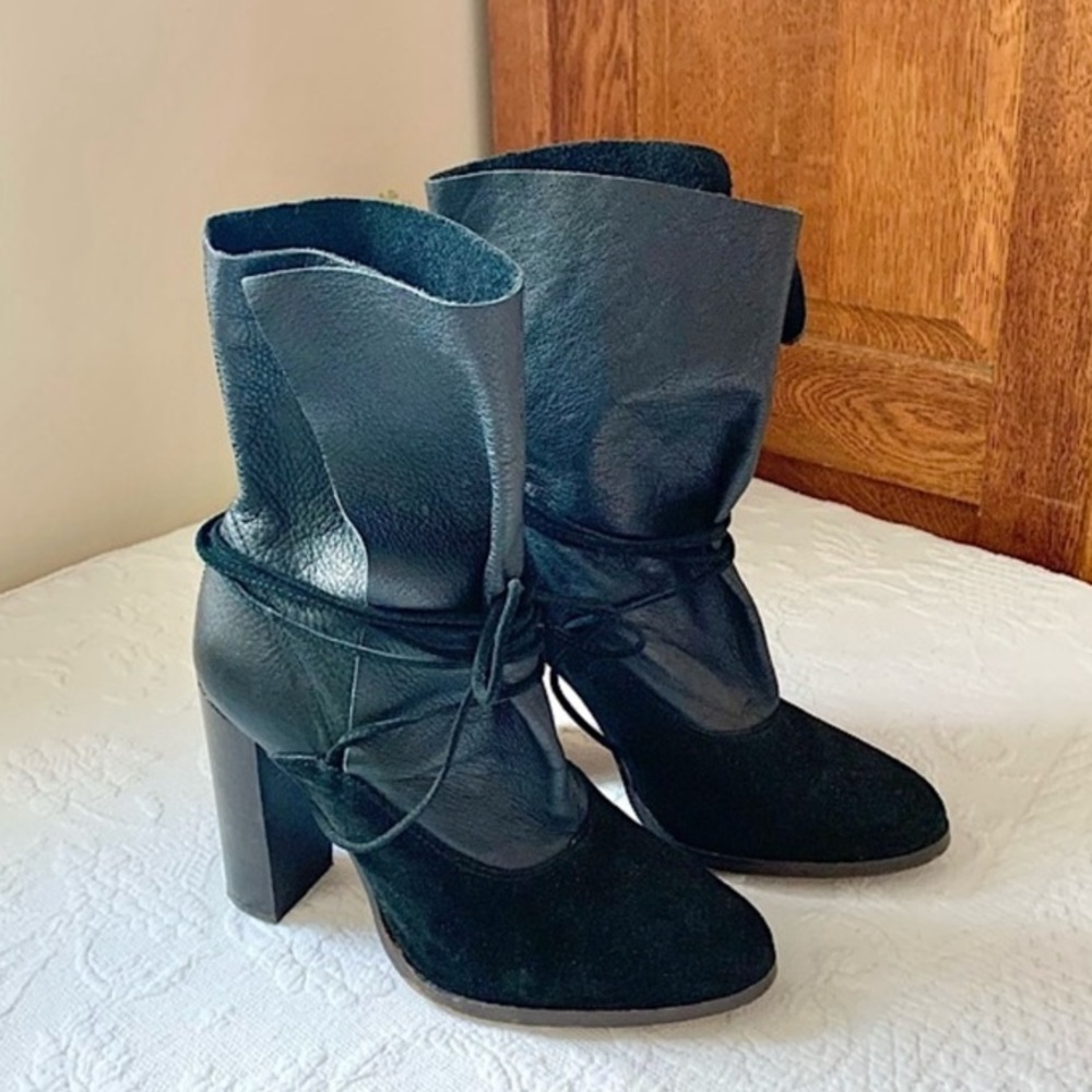 Topshop Leather Moto Black heeled Booties wrap around tie